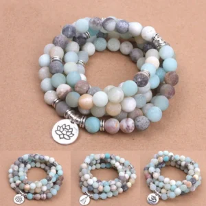 Women's Amazonite OM Lotus Bracelet - 108 Mala for Meditation & Energy